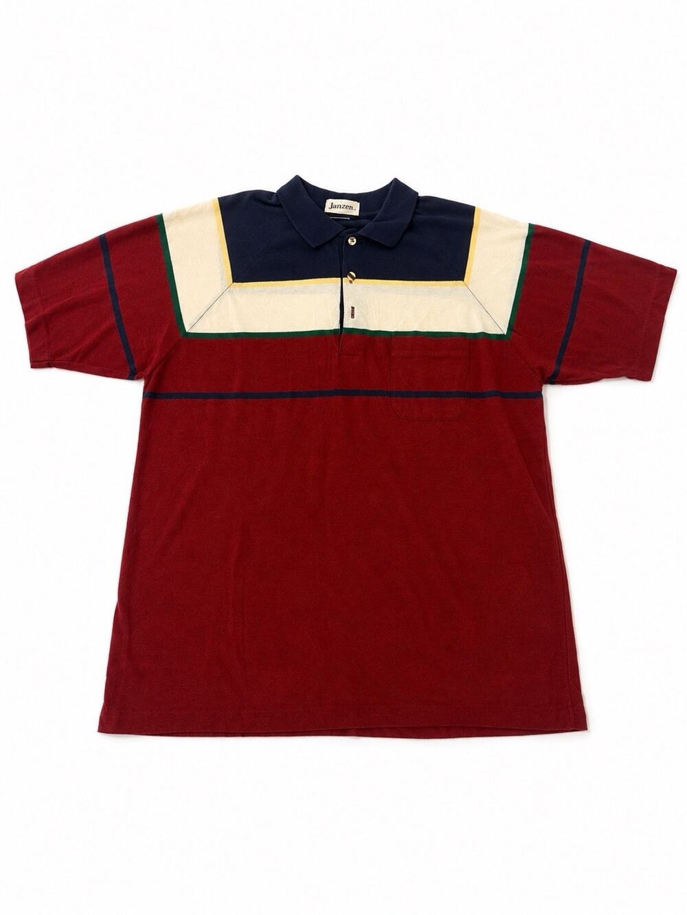 Vintage Jantzen Men’s Large Colorblock Polo Shirt Red Navy Cream Pocket